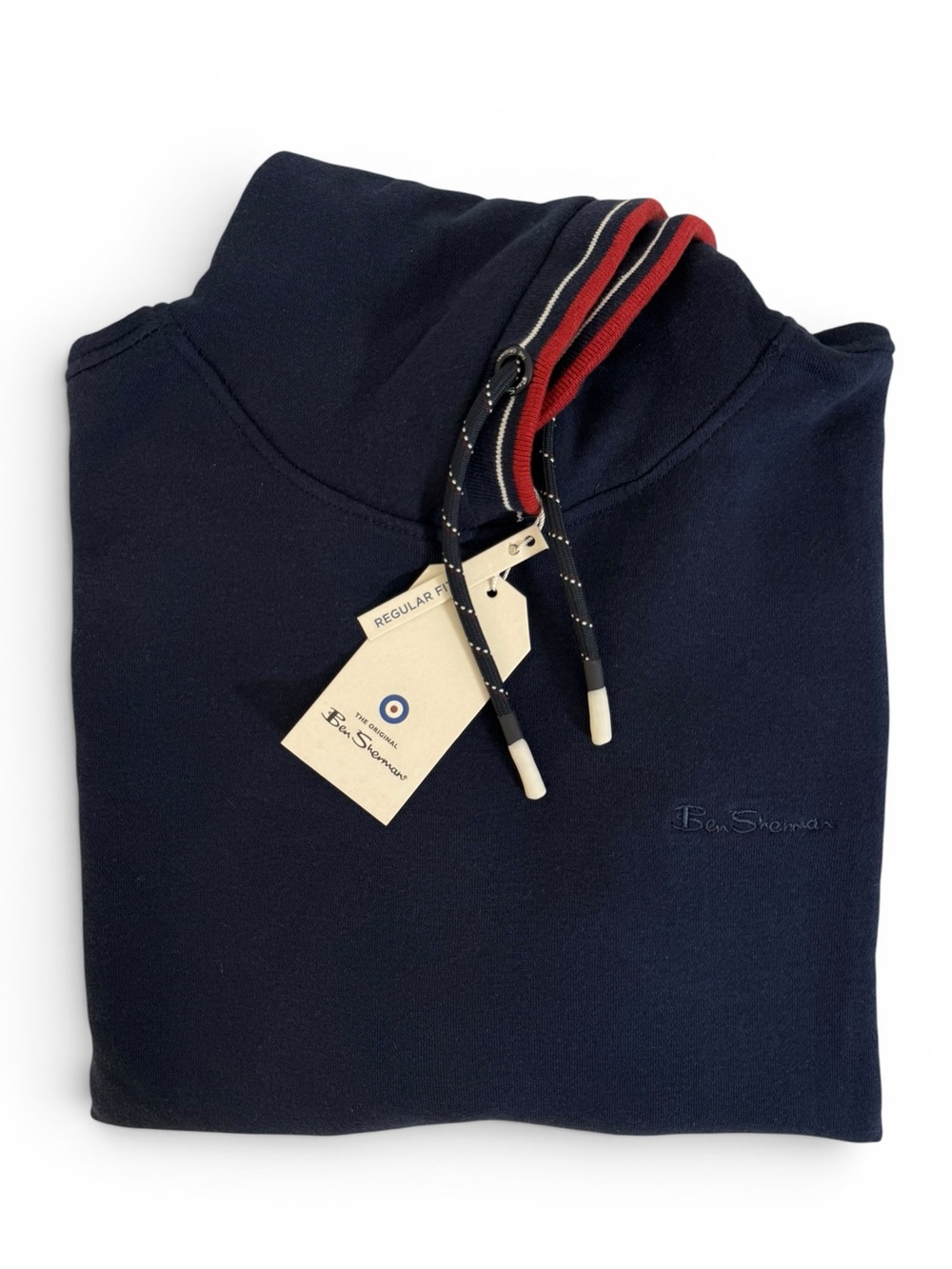 Ben Sherman Navy Hooded Pullover Sweater Red White Trim Men’s Small NWT - Picture 9 of 9